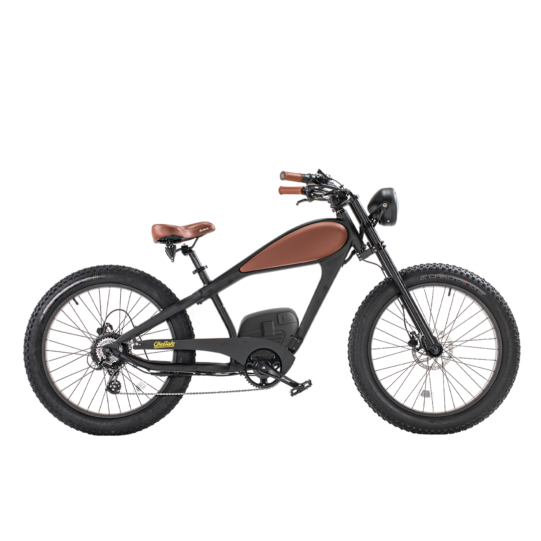 ROOTS RIDER Cheetah 2 Pro electric bike, full side view with leather-look tank