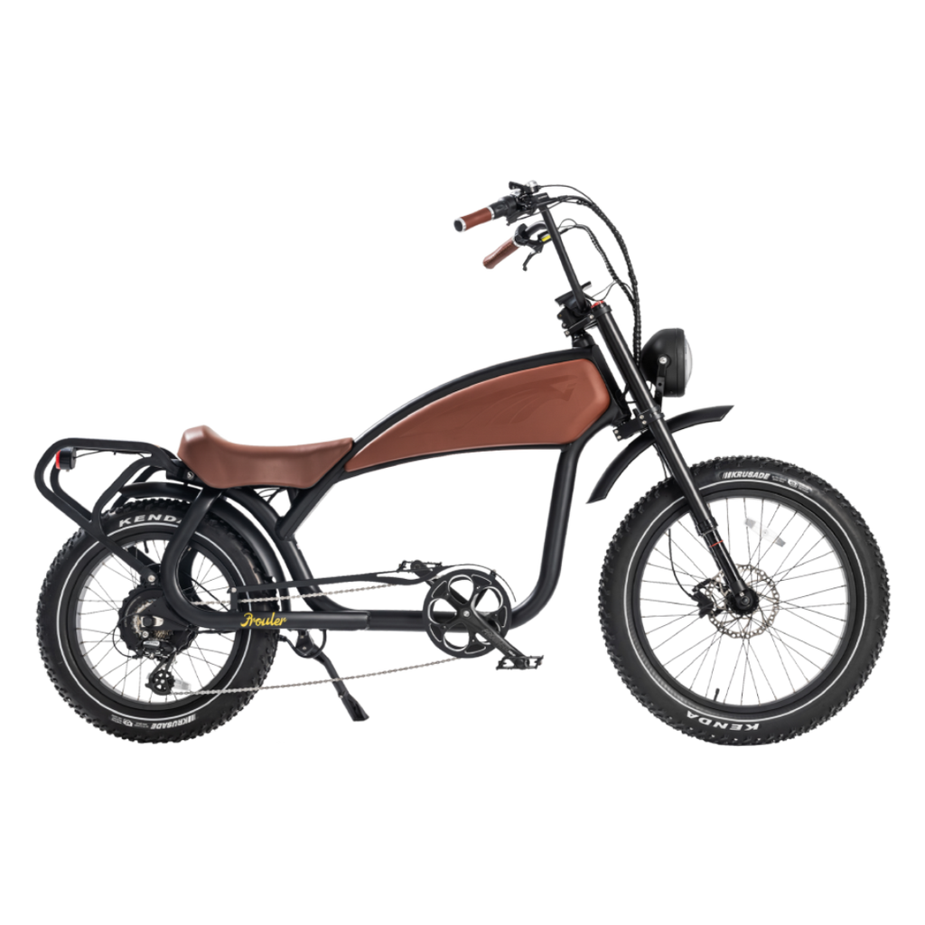 ROOTS RIDER Prowler chopper electric bike, full side view showing the raked fork
