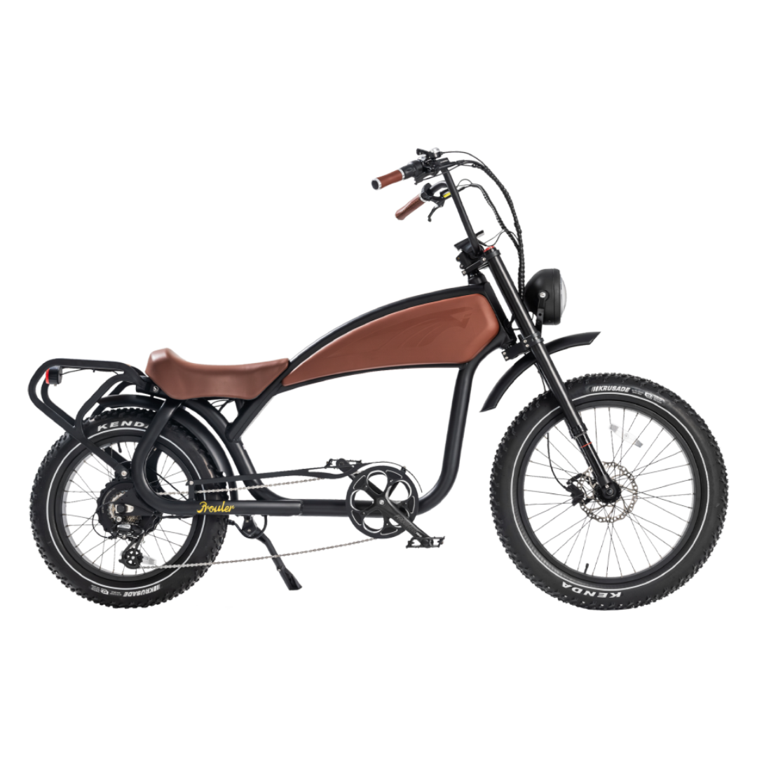 ROOTS RIDER Prowler chopper electric bike, full side view showing the raked fork