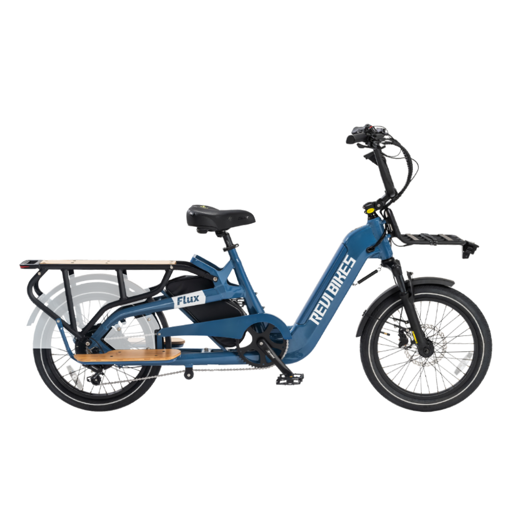 Roots Rider Flux cargo electric bike in Grey, loaded with the rear rack