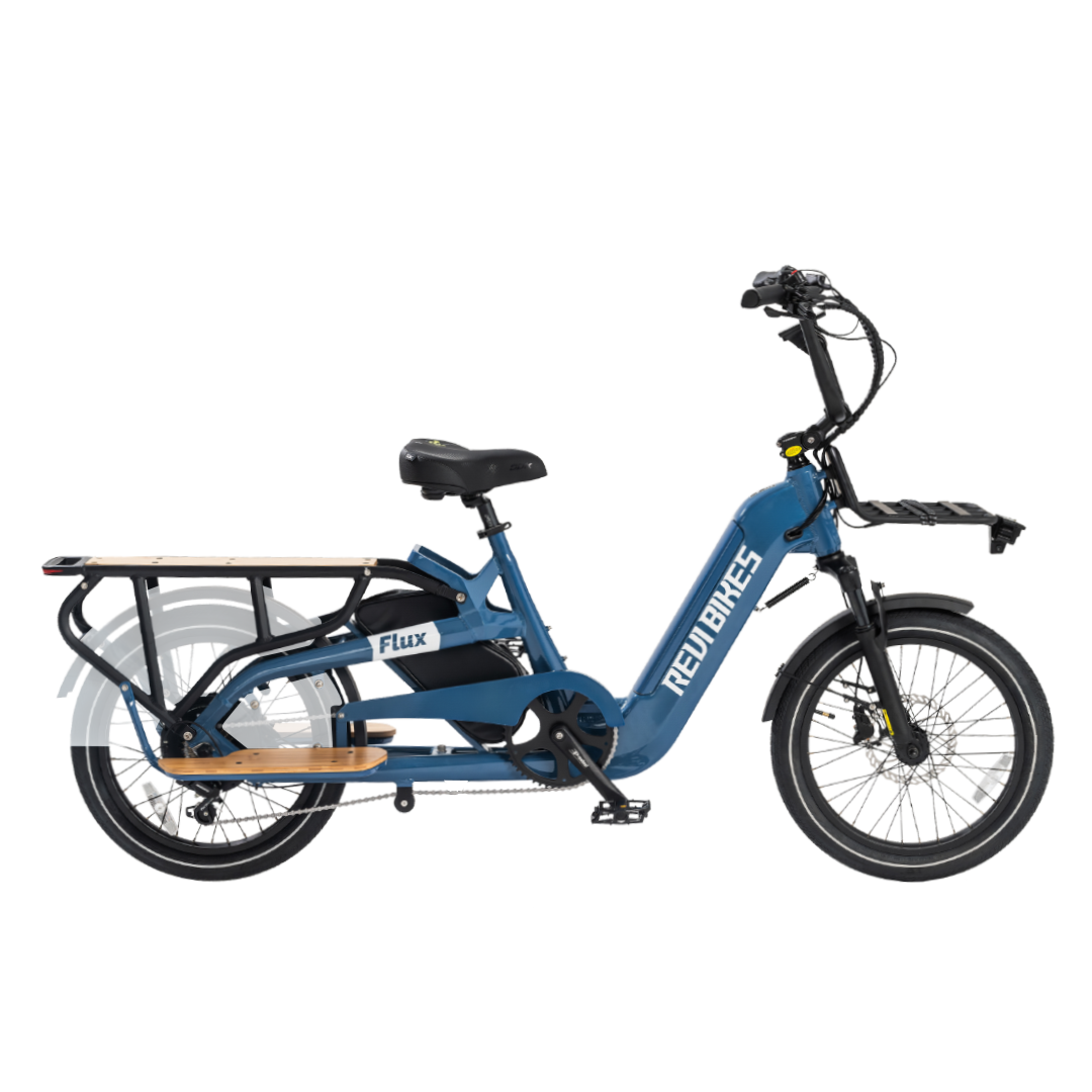 Roots Rider Flux cargo electric bike in Grey, loaded with the rear rack