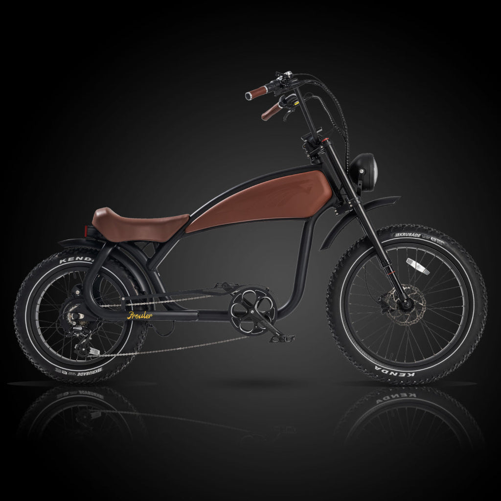 ROOTS RIDER Prowler electric bike on a dark background, side view