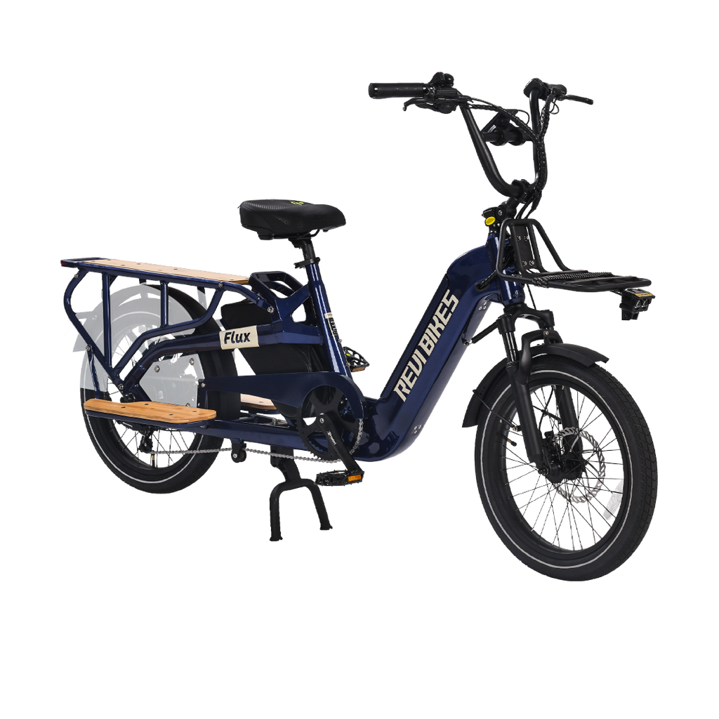Roots Rider Flux cargo electric bike in Nebula, side view with rear rack