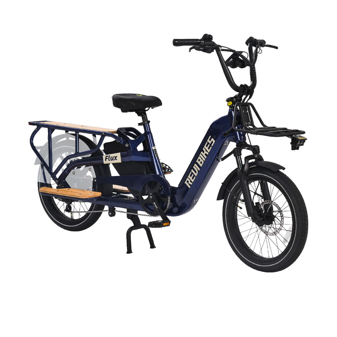 Roots Rider Flux cargo electric bike in Nebula, side view with rear rack