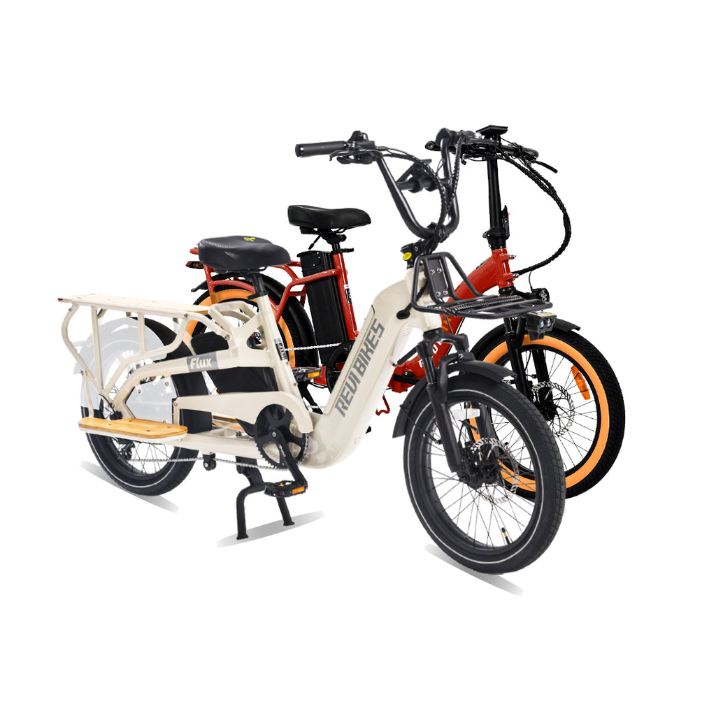 Roots Rider Flux cargo electric bike beside the folding Rebel 2, sold together as one order