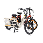 Roots Rider Flux cargo electric bike beside the folding Rebel 2, sold together as one order