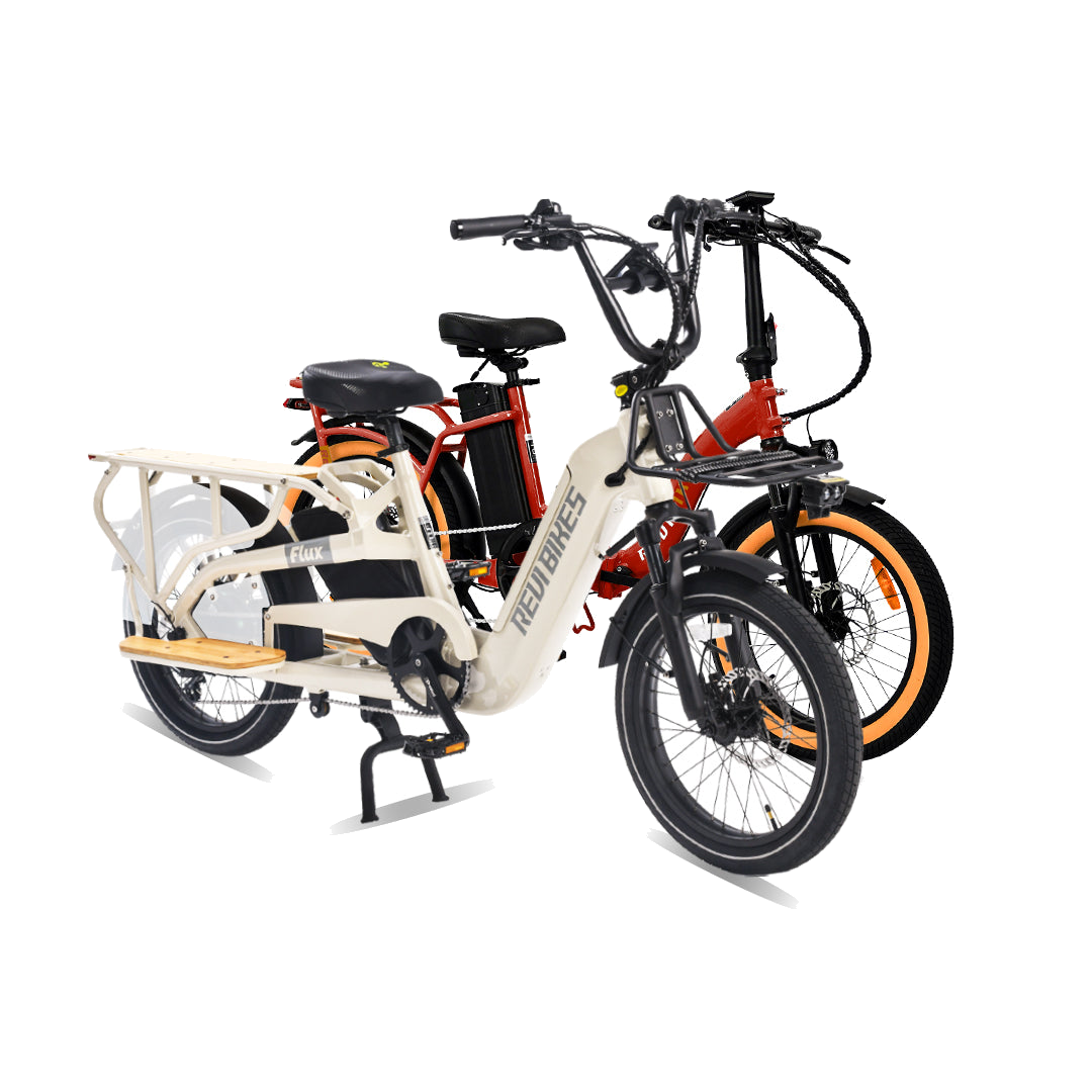 Roots Rider Flux cargo electric bike beside the folding Rebel 2, sold together as one order