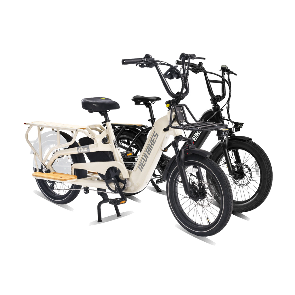 Roots Rider Flux cargo electric bike beside the Runabout 2 step-through, sold together as one order