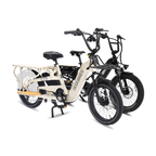 Roots Rider Flux cargo electric bike beside the Runabout 2 step-through, sold together as one order