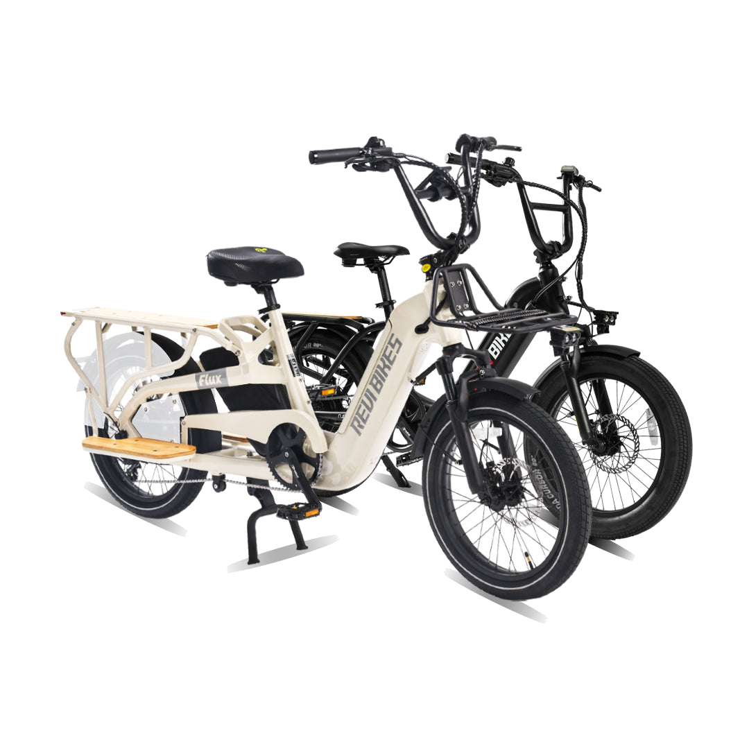 Roots Rider Flux cargo electric bike beside the Runabout 2 step-through, sold together as one order